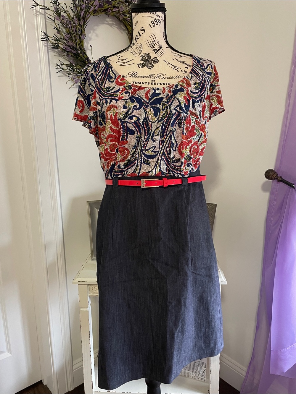 Women’s Navy Denim Dress with Orange Belt Size 12